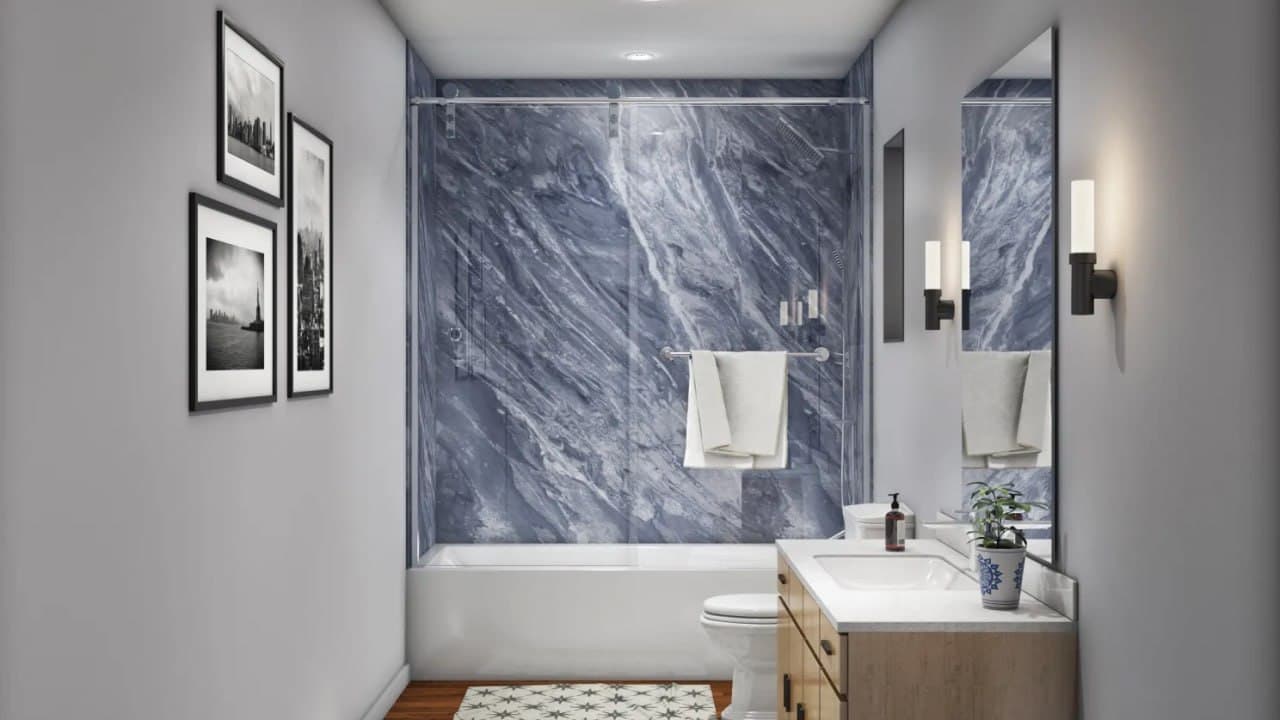 Bardiglio Tub Enclosure with Sliding Door — Jacob Showers and Baths St. Louis