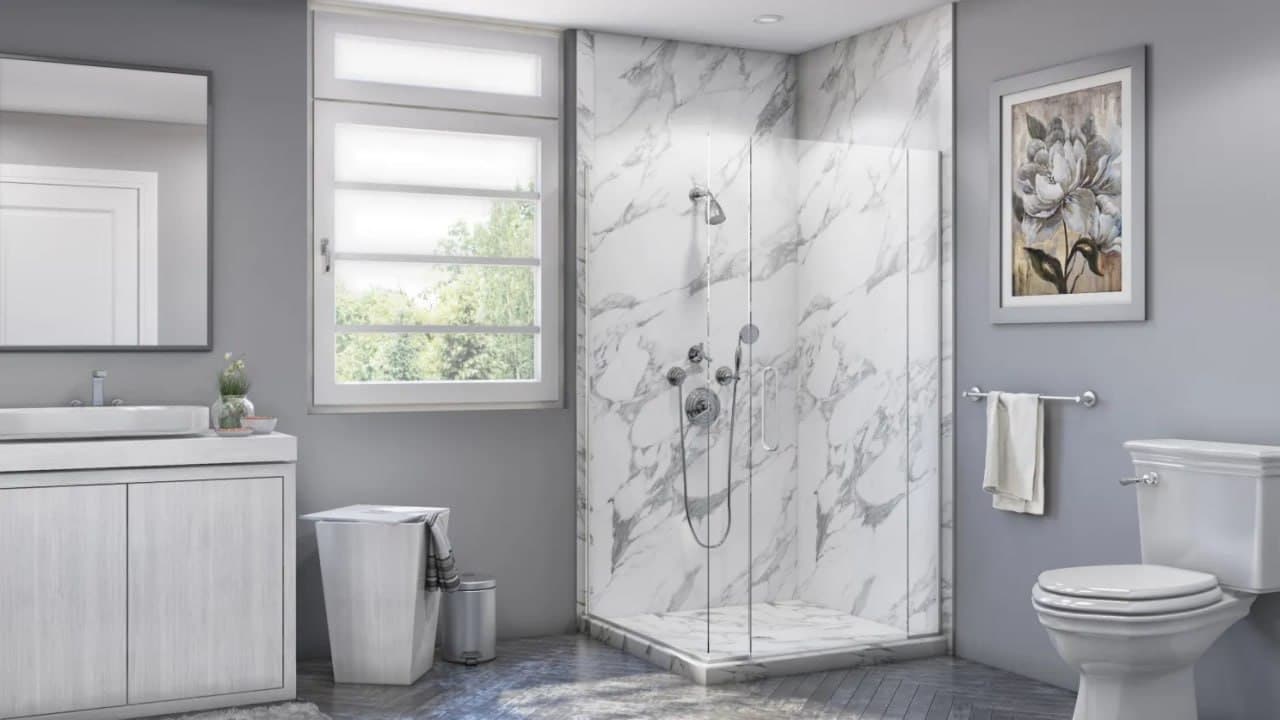 Calcutta White Corner Shower — Jacob Showers and Baths St. Louis