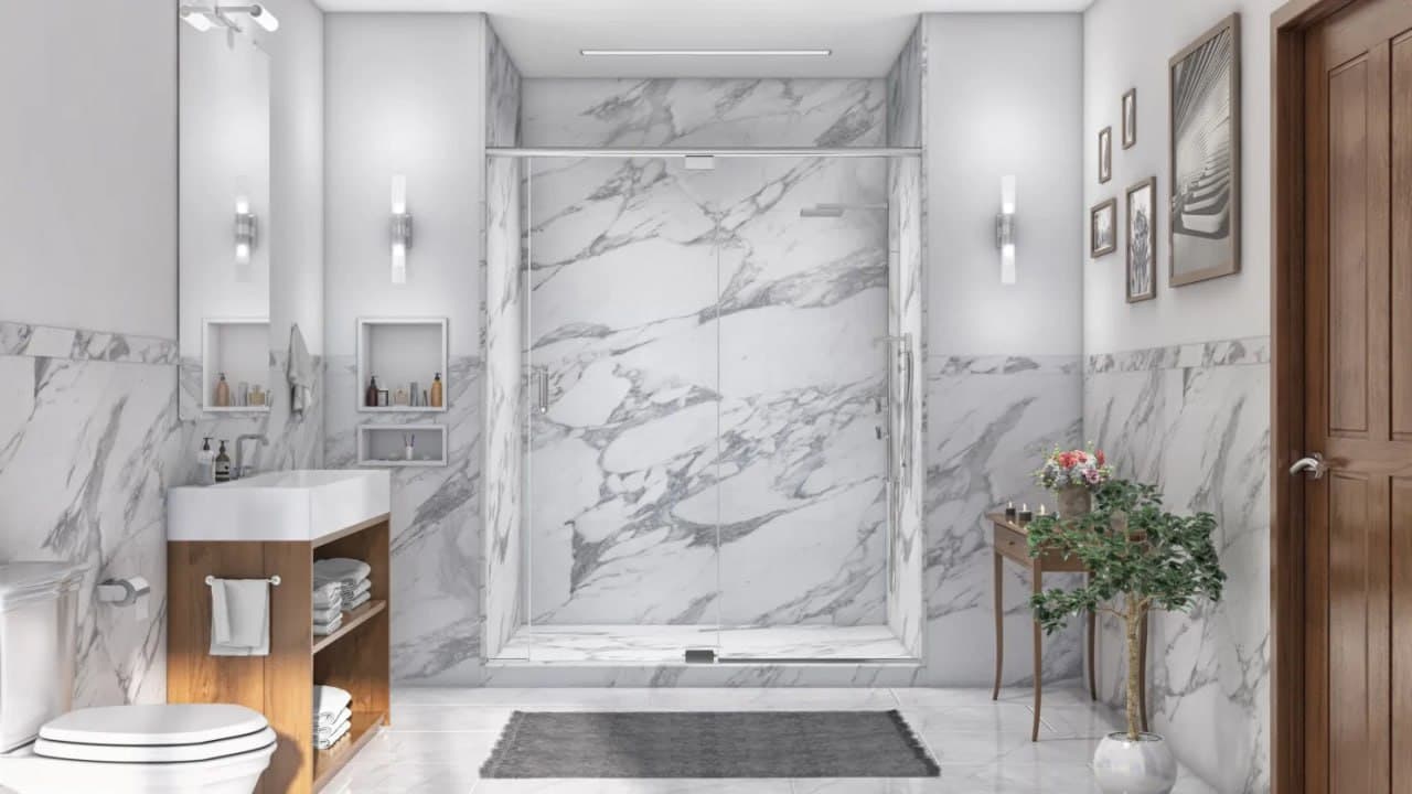 Calcutta White Walk-In Shower — Full Room — Jacob Showers and Baths St. Louis