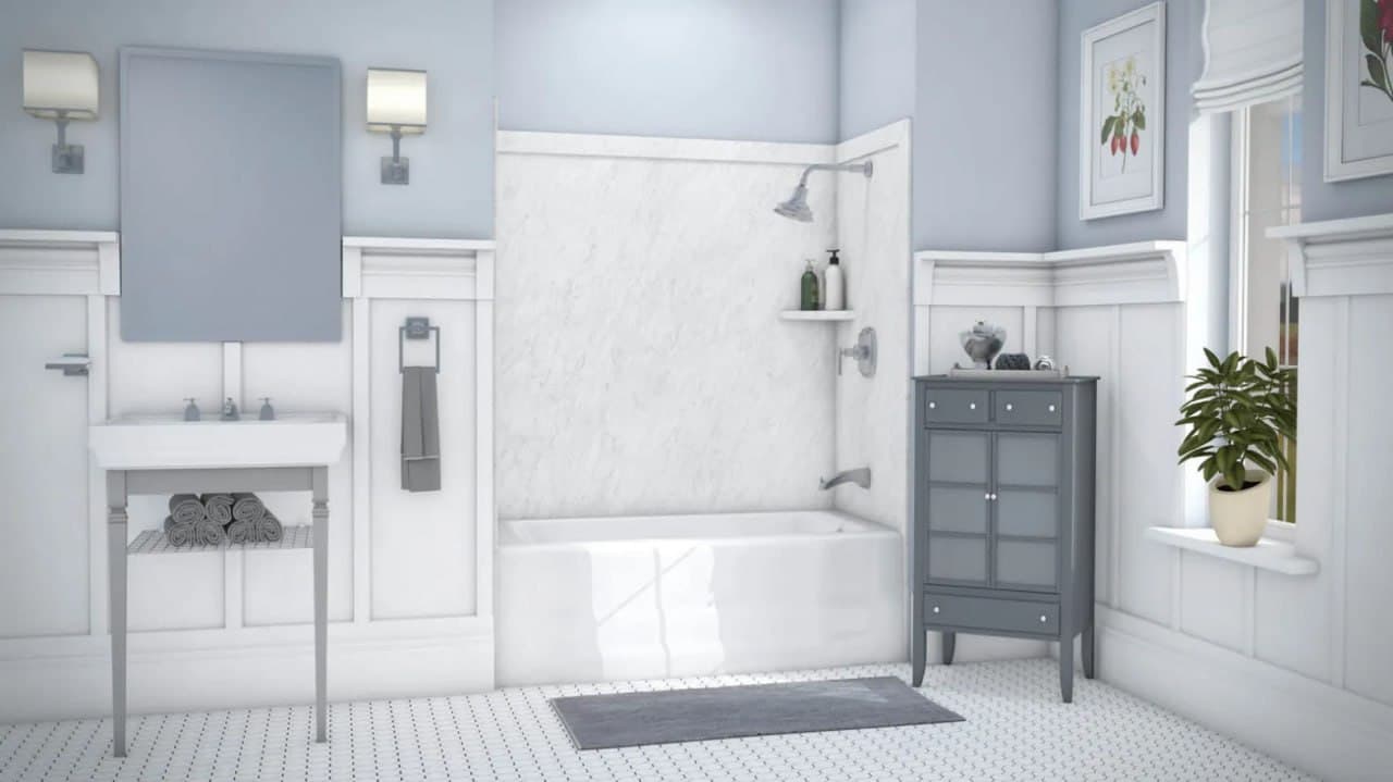 White Marble Tub System – Jacob Showers and Baths St. Louis remodel