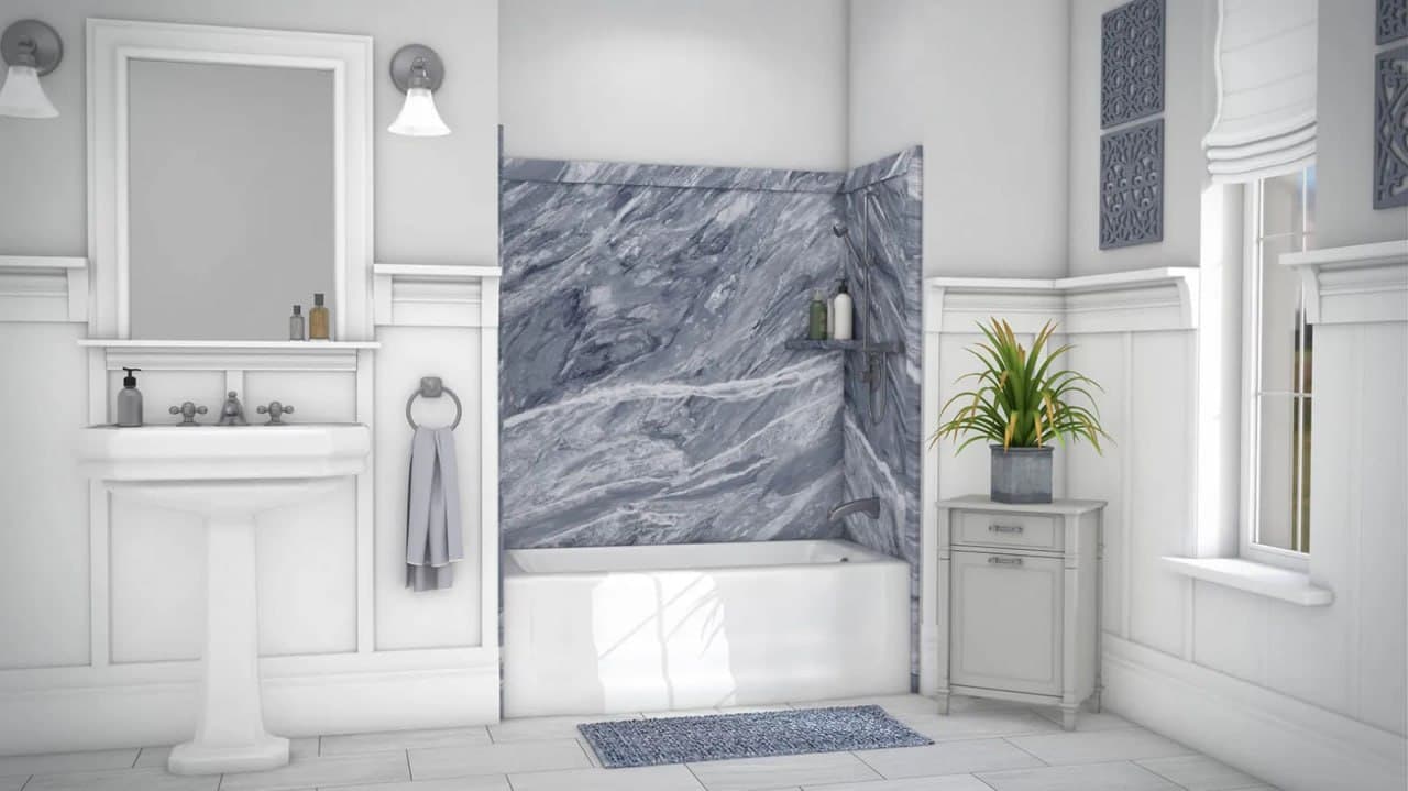 Blue Marble Tub Surround – Jacob Showers and Baths St. Louis remodel