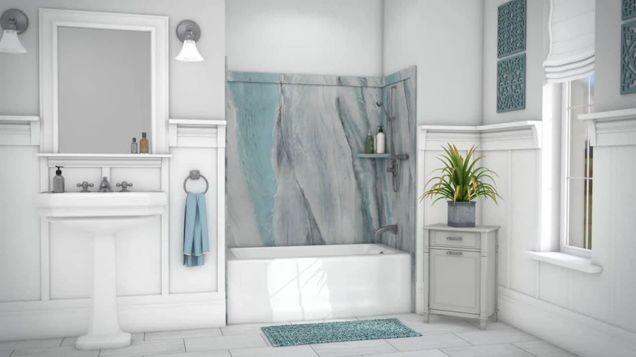 Teal Marble Tub Surround – Jacob Showers and Baths St. Louis remodel