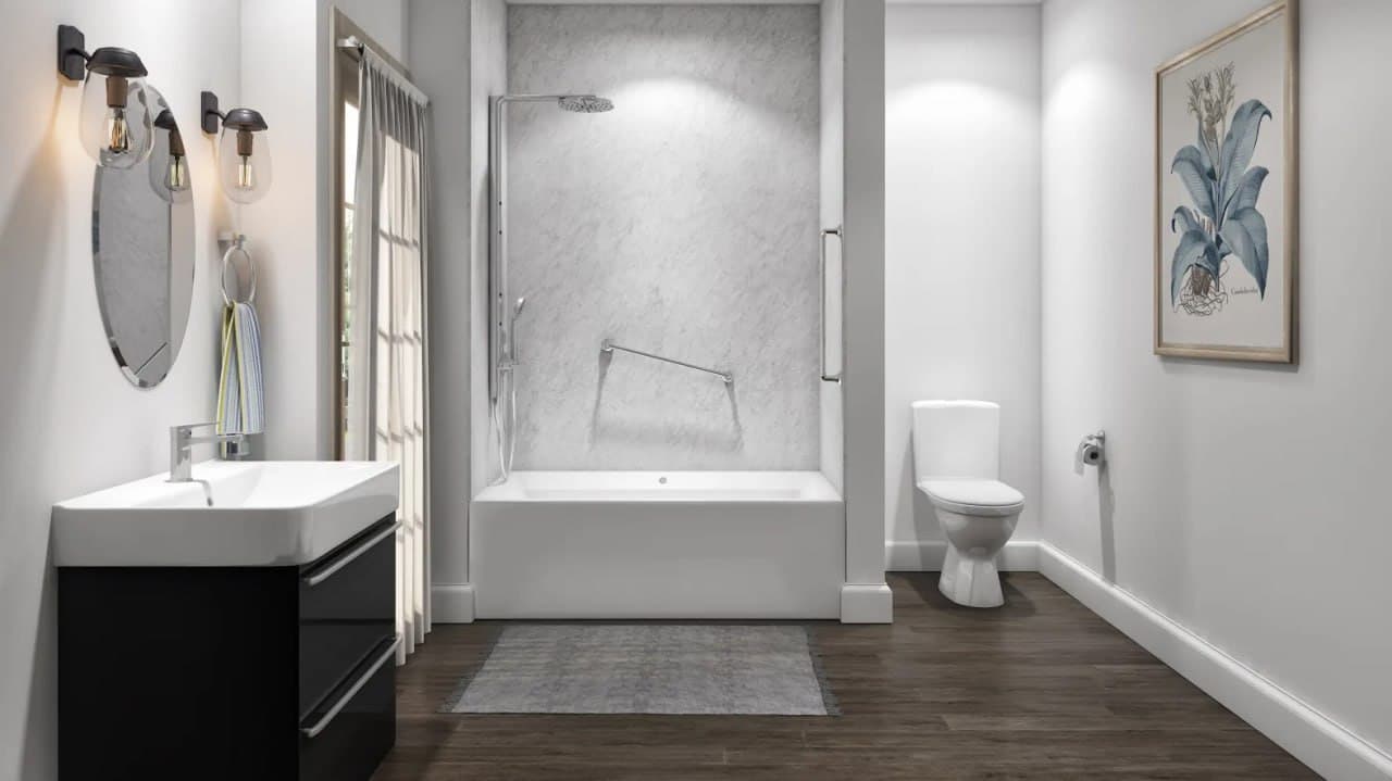 Gray Marble Tub System with Rain Shower – Jacob Showers and Baths St. Louis remodel