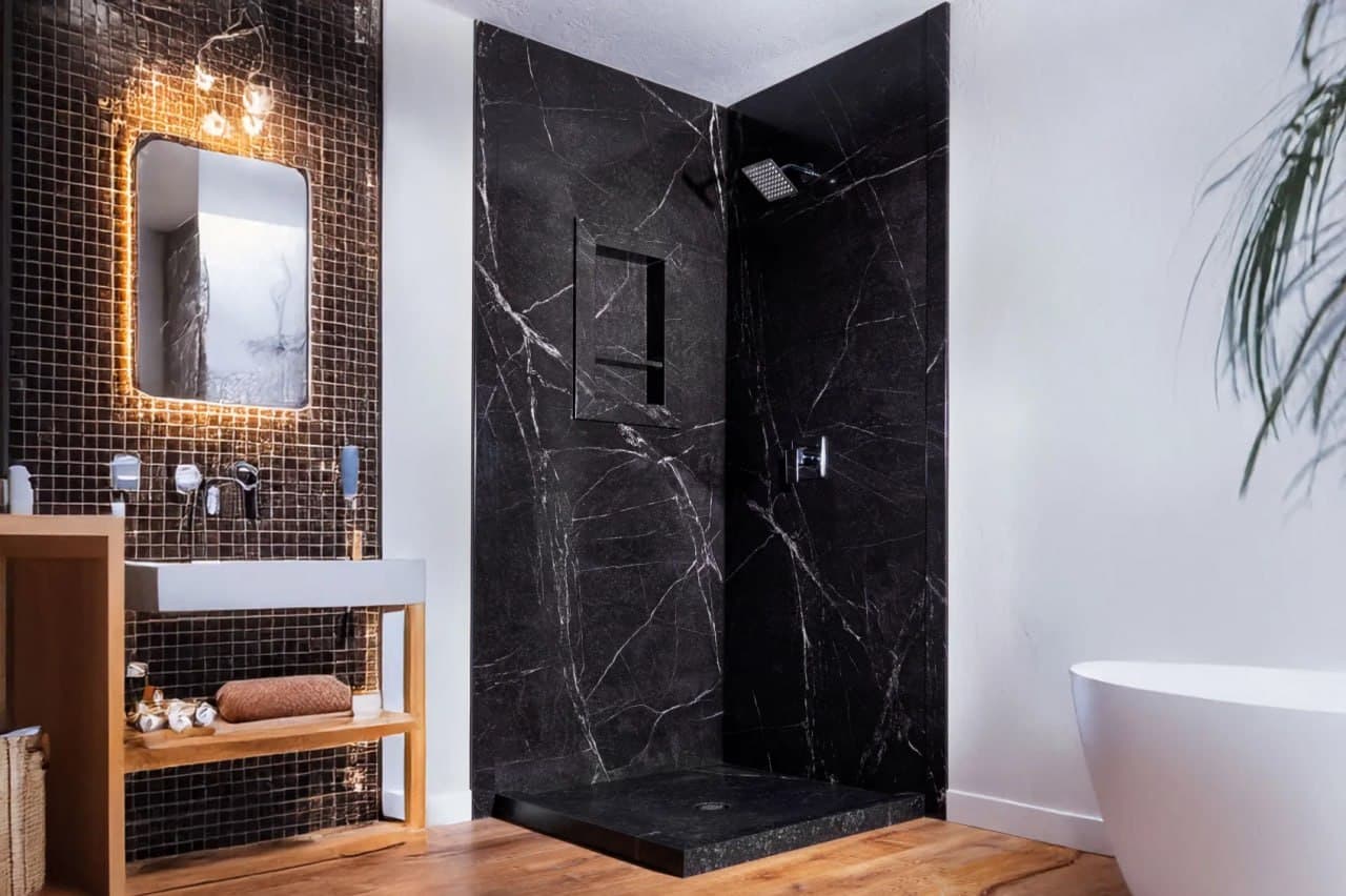 Black Marble Shower Wall System – Jacob Showers and Baths St. Louis remodel