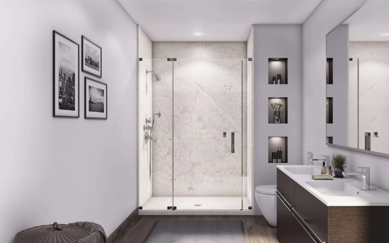 Jacob shower wall system installation St. Louis – stone-look composite panels