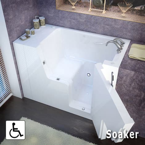 Soaker walk-in tub with open door and deep seated bathing area